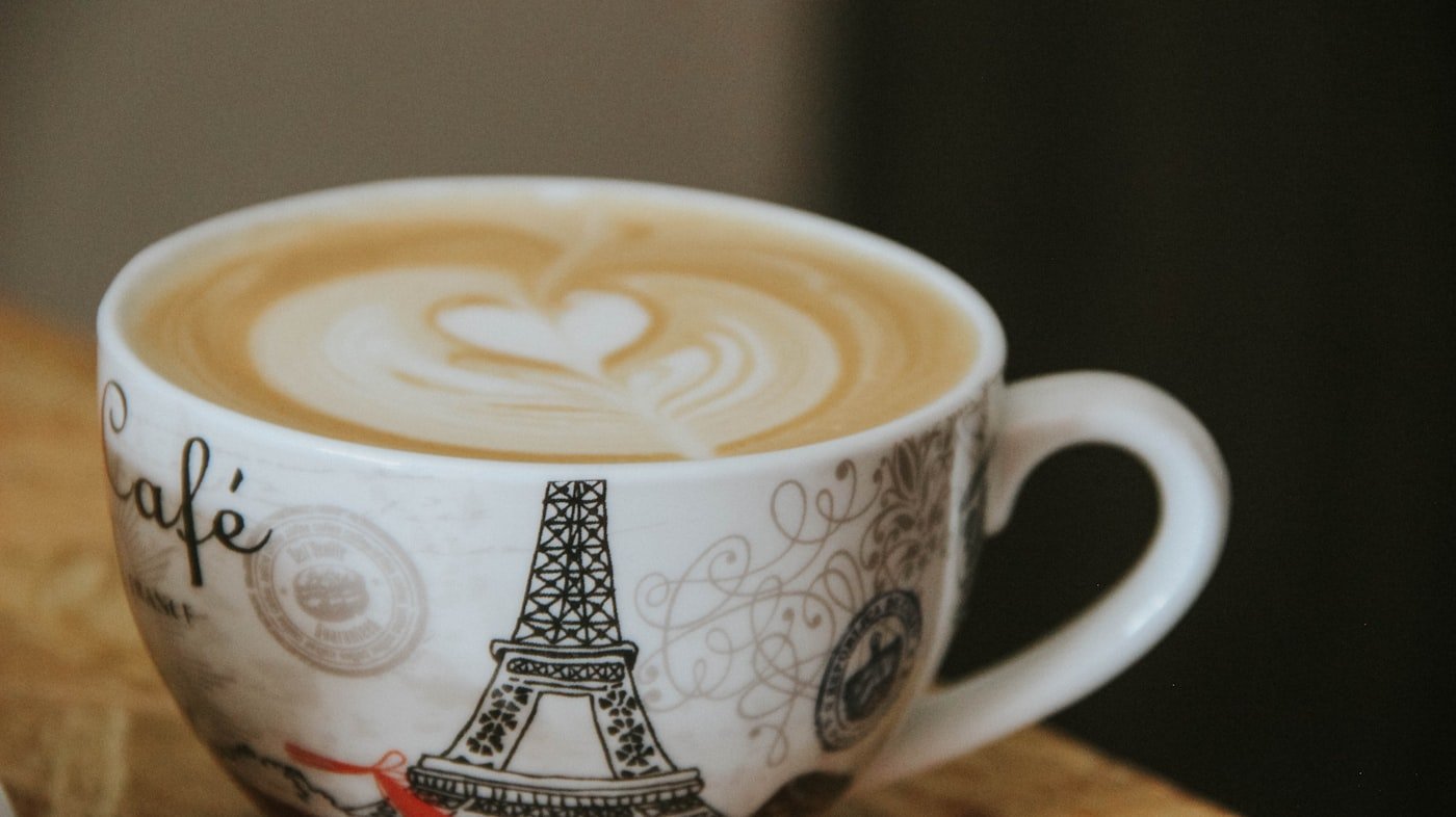 Latte with heart art at Hearth & Bean